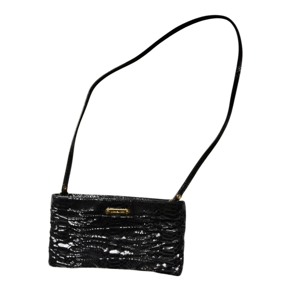 Michael Kors Black Snake Embossed Leather Crossbody Clutch Gold Tone Small Purse